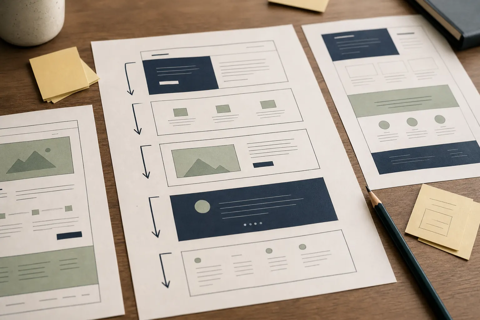 Website planning sheets arranged on a workshop desk