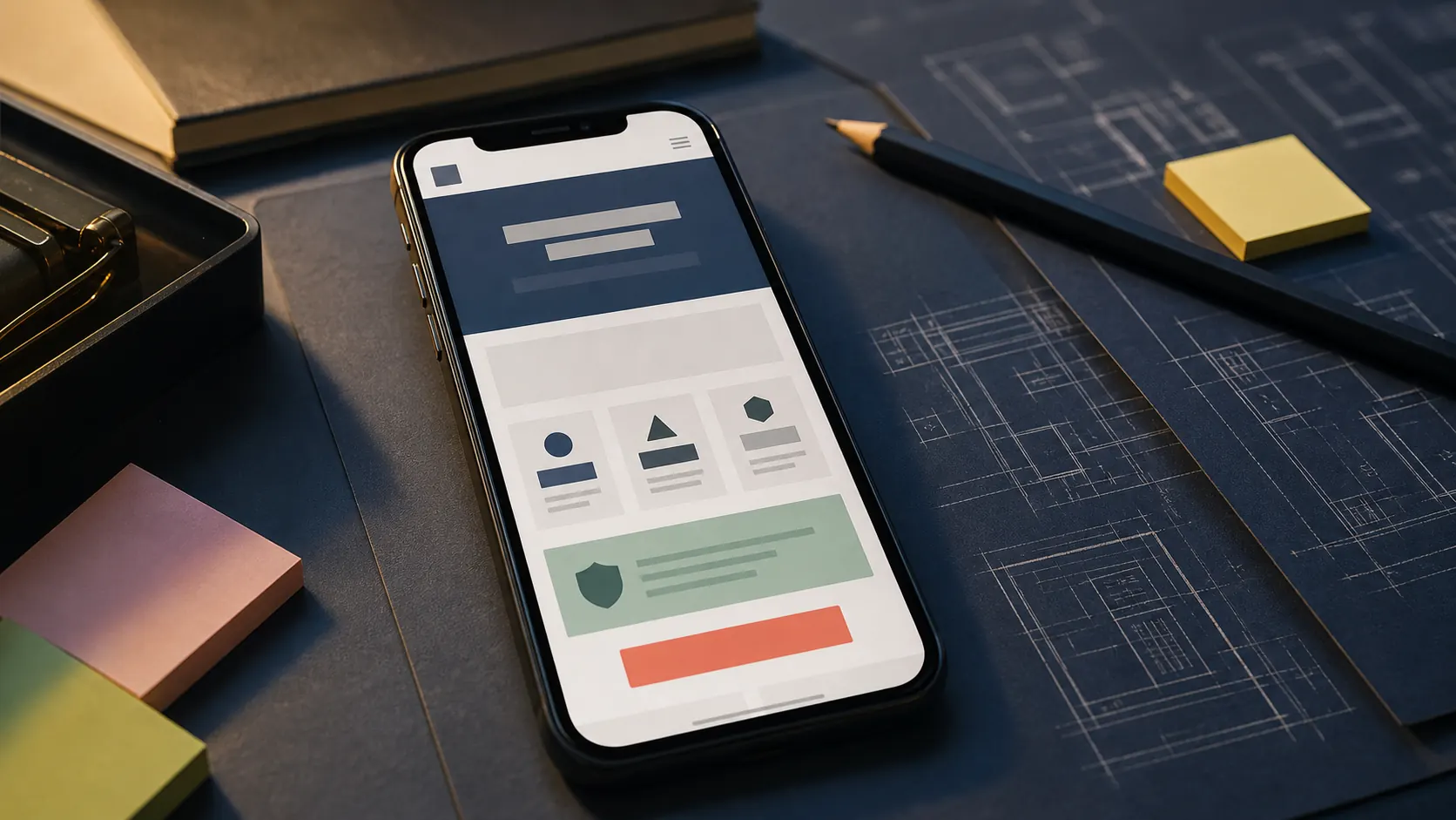 Mobile website layout shown beside planning notes